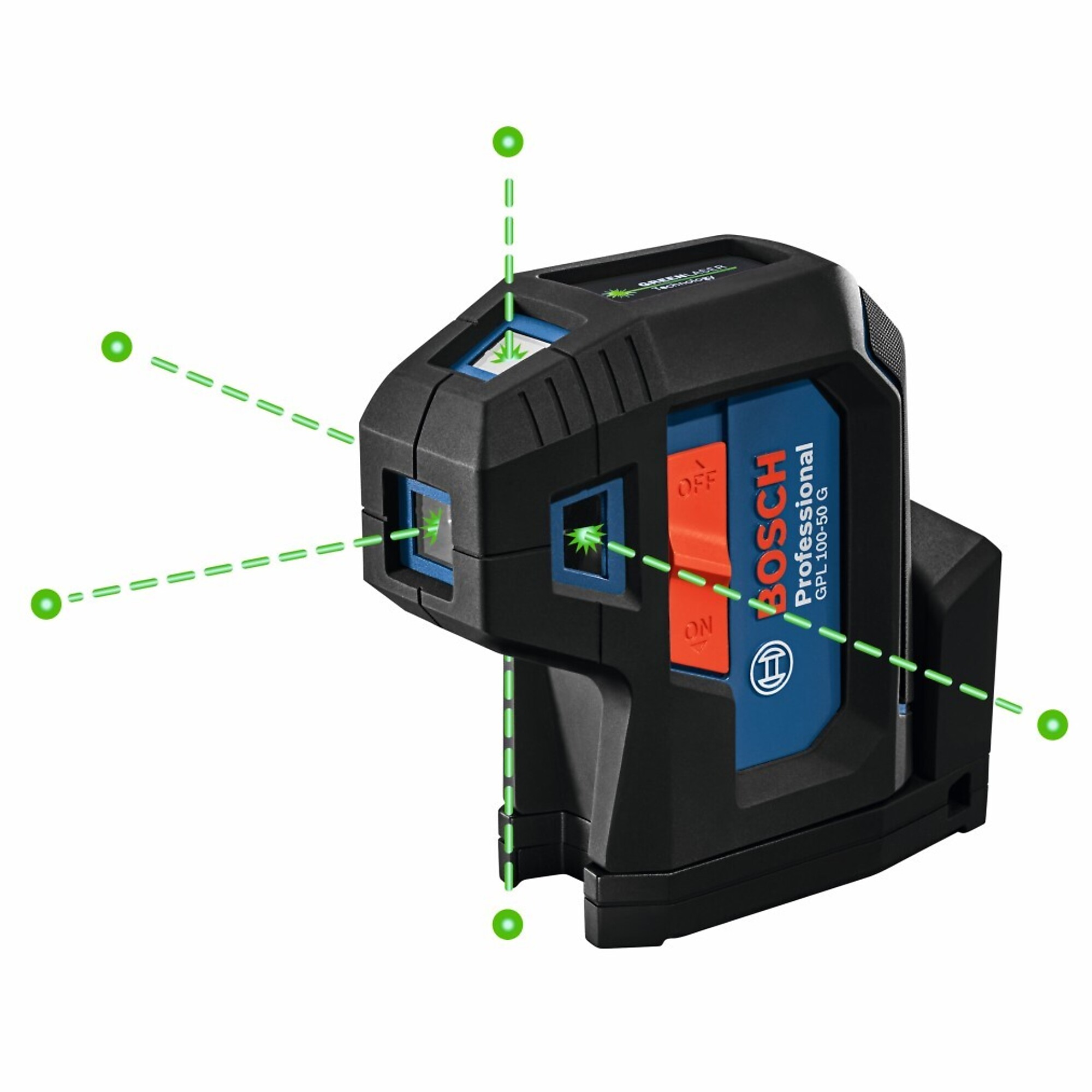 Bosch Green-Beam Five-Point Self-Leveling Laser — 4.5in. Length, ±1/8in. Accuracy, Spot Laser, Model# GPL100-50G